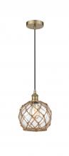  616-1P-AB-G122-8RB - Farmhouse Rope - 1 Light - 8 inch - Antique Brass - Cord hung - Mini Pendant