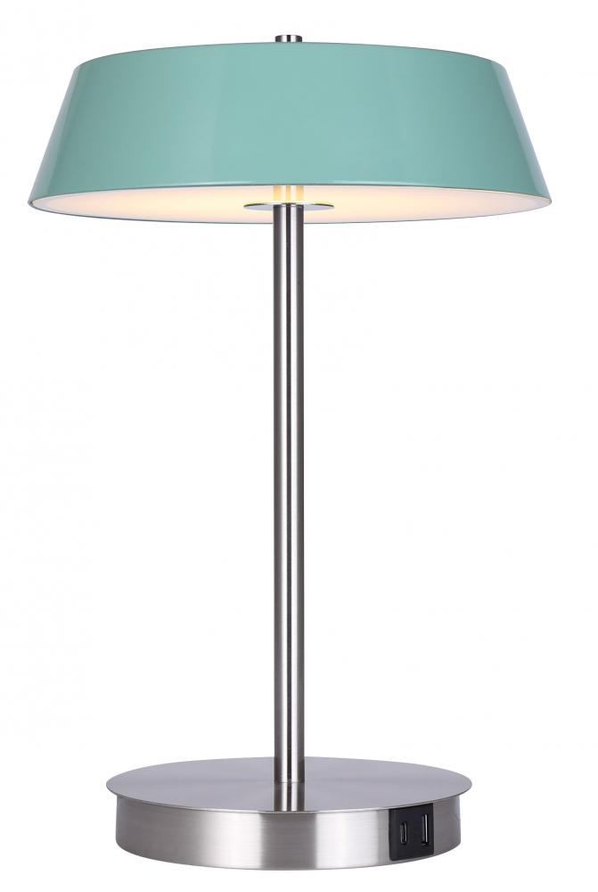 Jessa 14 in. Integrated LED Brushed Nickel Table Lamp with Teal Metal Shade, On/Off Touch, and USB C